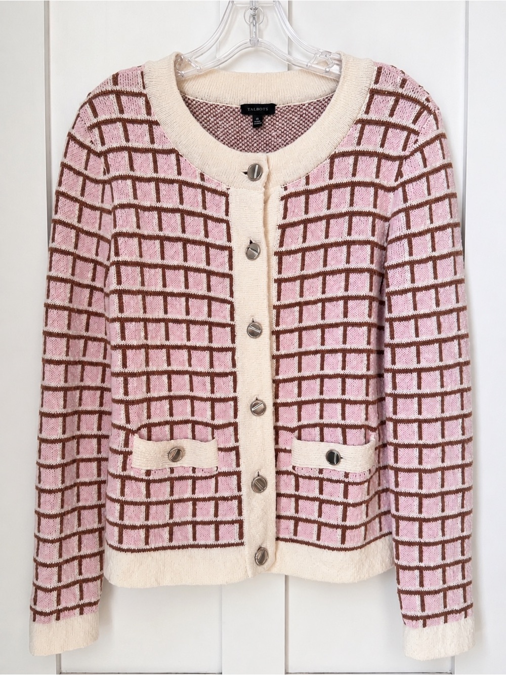 Talbots 100% Cotton Pink Brown Checkered Cardigan Sweater XS Preppy Classic